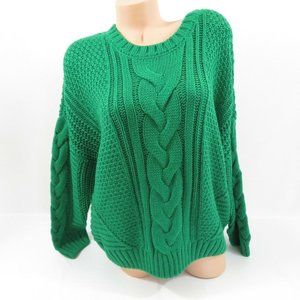 One A Cable Knit Pullover Sweater Long Sleeves Green Arugula Petite  PXL